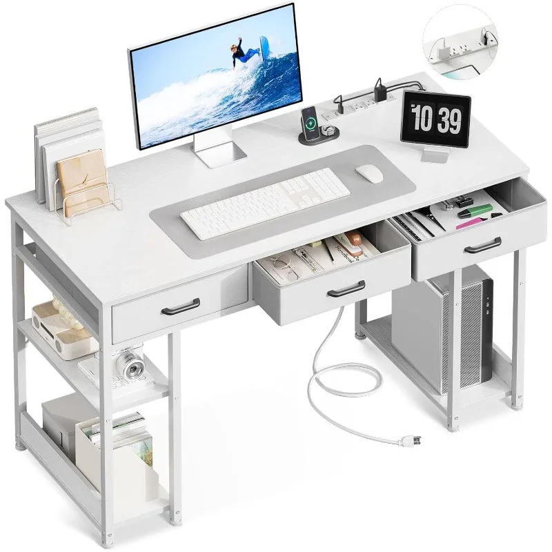 home.48 Inch Computer Desk with Fabric Drawers & Power Outlets, Writing Study Table, Small Desk for Bedroom, White