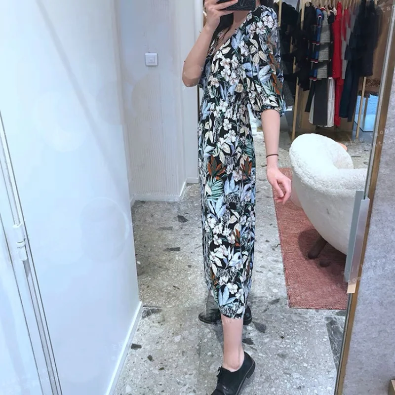 

French Single's Spring and Summer New Pastoral Style Printed Puff SleeveSimplicity Elegant Women's Outer Wear Midi Dre