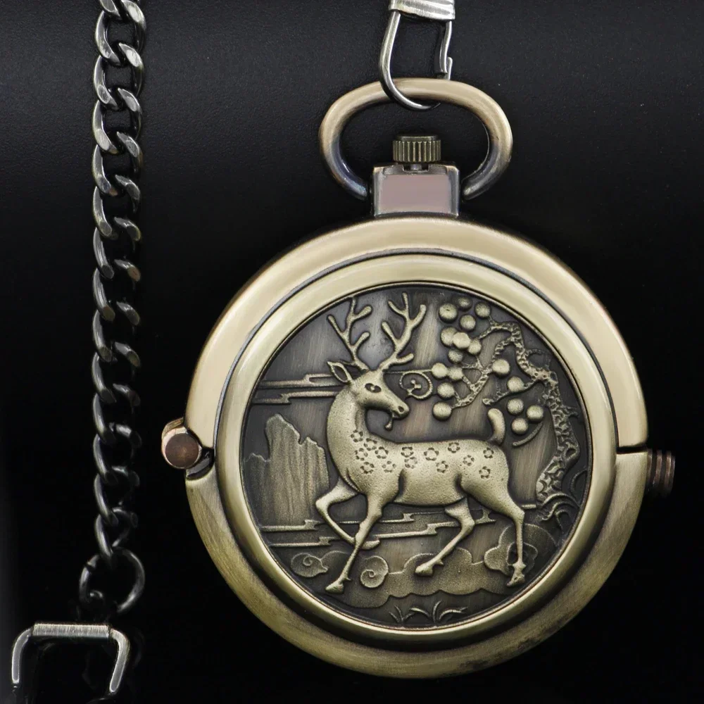 

NEW Bronze Manual Machinery Pocket Watch Classic Elk Pattern Roman Numerals Dial Pendant Hand Winding Timepiece Pocket Clock