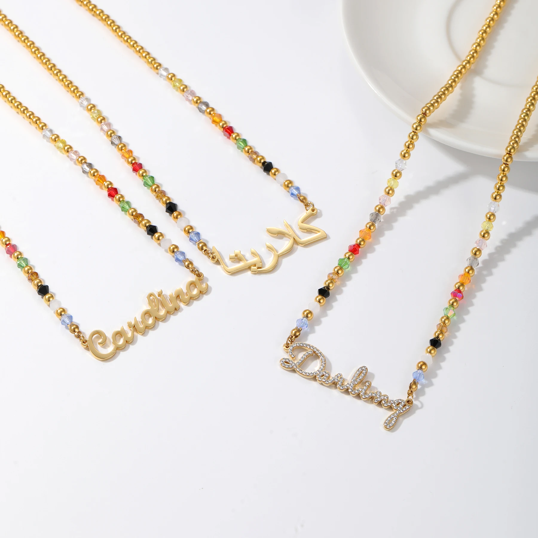 Chicago Rainbow Beaded Name Necklace in 18K Gold Plated Brass Custom Luxury Name Necklace Handmade Bead Necklace Gift for Women