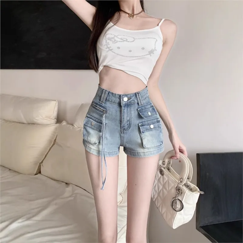 

Ladies' jeans skirt; black shorts; vintage high-waisted stretch jeans; Y2K streetwear; American fashion workwear denim shorts.