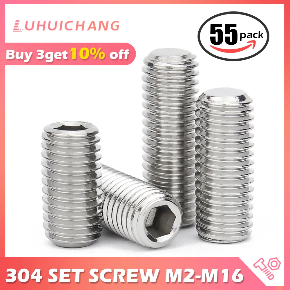 Hex Socket Set Screw Flat Point Grub Screw Hexagonal M2 M2.5 M3 M4 M5 M6 M8 M10 M12 Stainless Steel Headless Set Screw