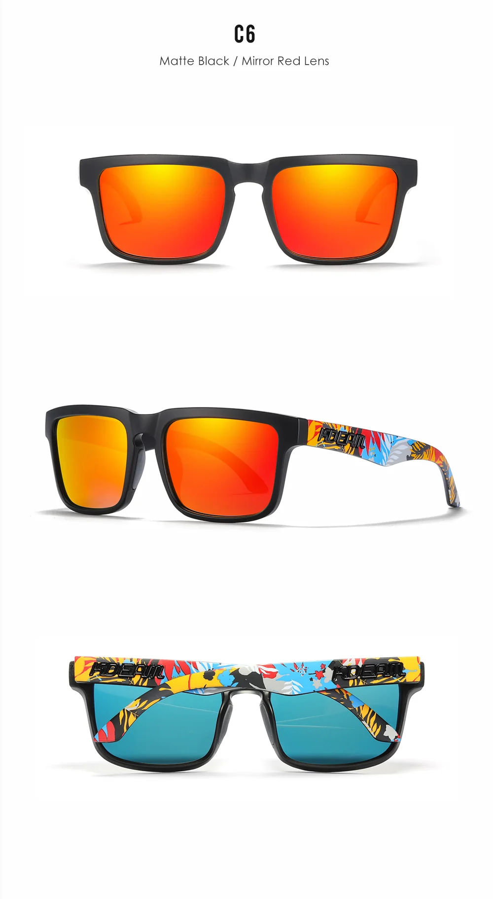 Neue hochwertige quadratische Sonnenbrille für Herren der Marke KDEAM, farbige Sport-Polarisations-Sonnenbrille mit reflektierender Beschichtung und verspiegelten Gläsern – Detail 18