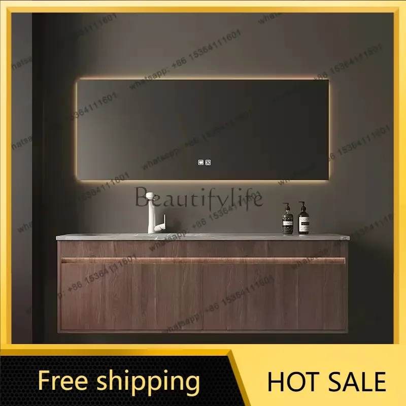 FG Modern Solid Wood Bathroom Sink Cabinet Vanity Bathroom Furniture Light Luxury Bathroom Cabinets Rock Slab Integrated Washbas