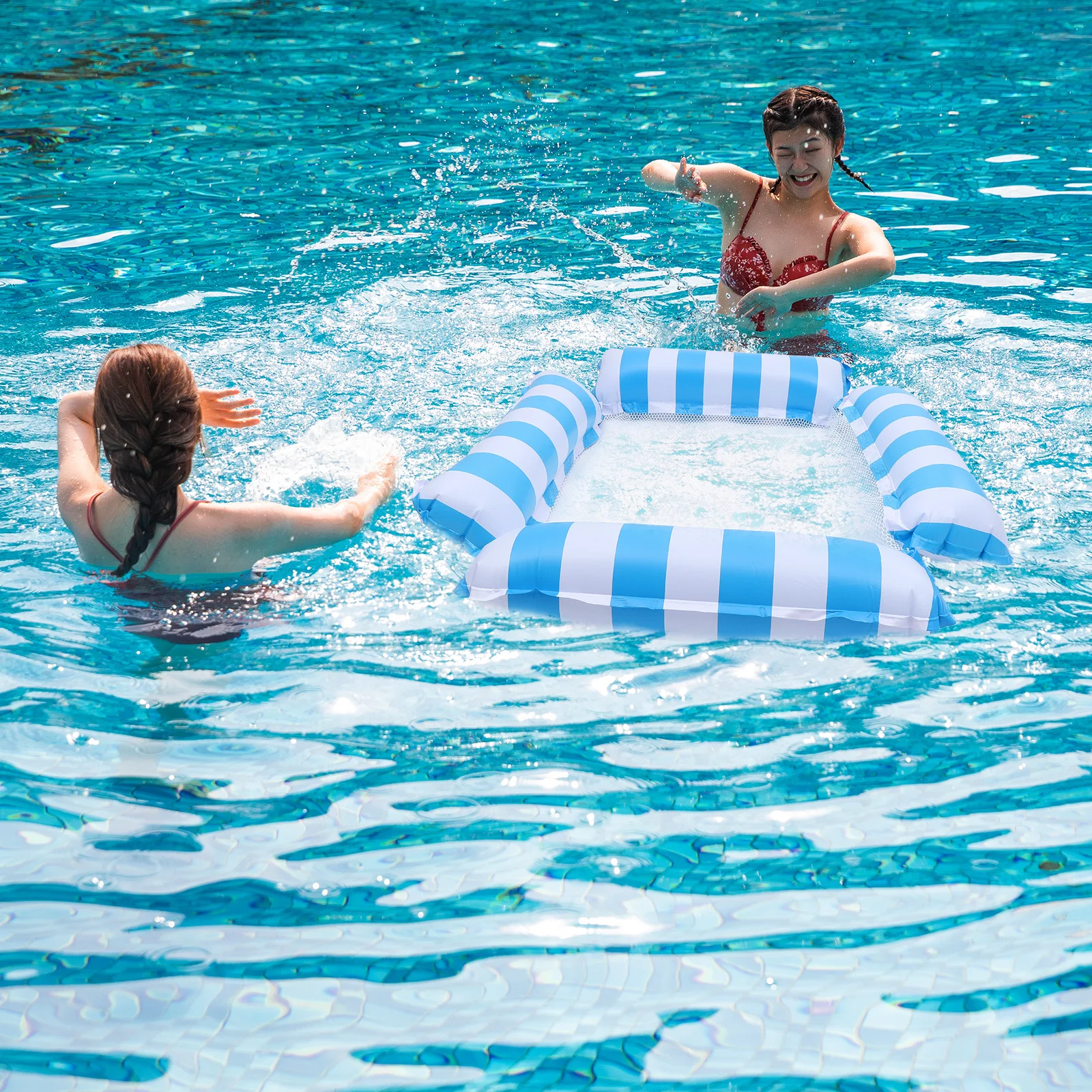 Heavy Duty Pool Floating Hammock Netting Chair 220 Lb Capacity Smooth Drifting Inflatable Mesh Float for Swimming Pool Adult