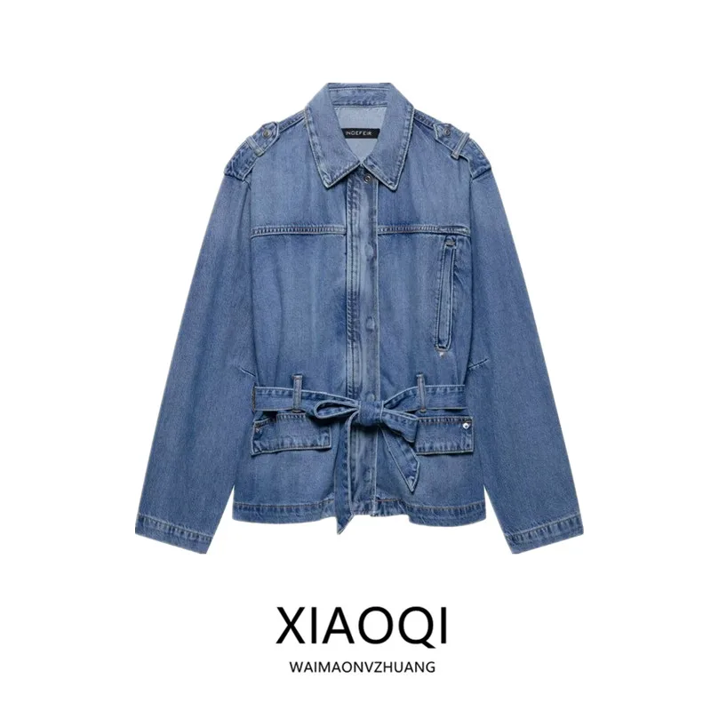 Spring 2025 Women's Faion Commute Versatile Denim Jaet Coat with Belt Matching All Sles Loose Fit Regular Length