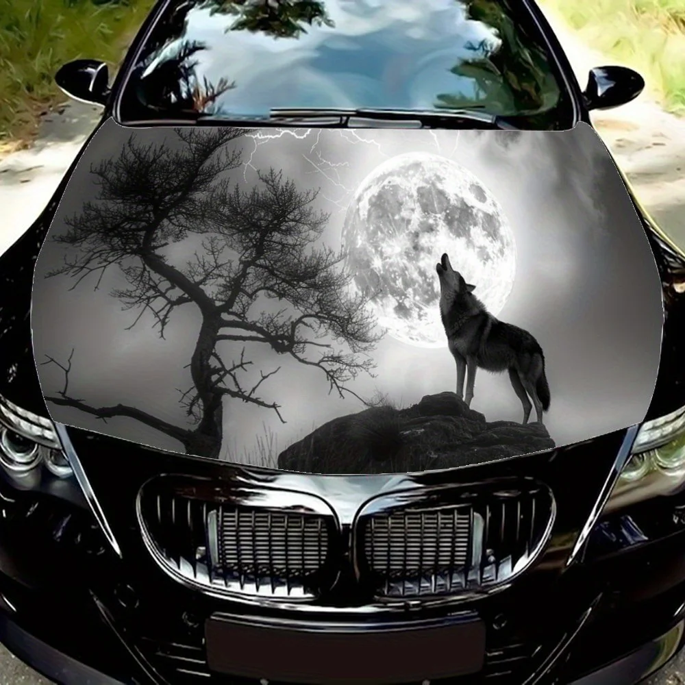 Roaring Wolf Dark Clouds Lightning Old Trees Car Hood Wrap Color Vinyl Sticker Truck Graphic Bonnet Auto Accessories Decor Decal
