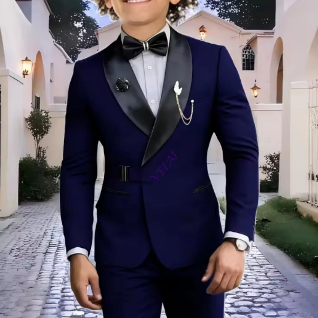 Navy Blue Boy Suits Wedding Kids Tuxedos 2 Pieces Formal Blazer Shawl Lapel Double Breasted Prom Suits (Jacket+Pants) - view 3