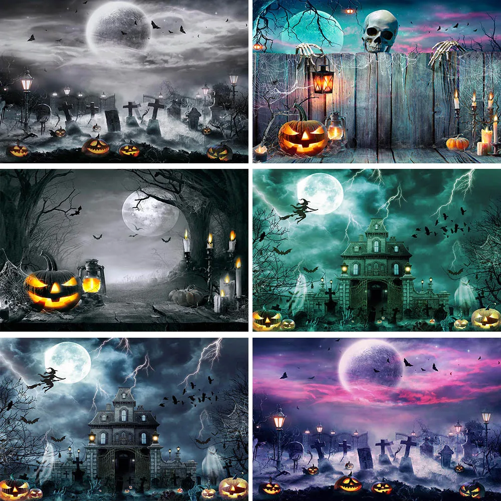 Mocsicka Halloween Backdrop Gravestone Cross Darkness Moon Ghastly Baby Portrait Photography Background Studio Photo Shoot Props