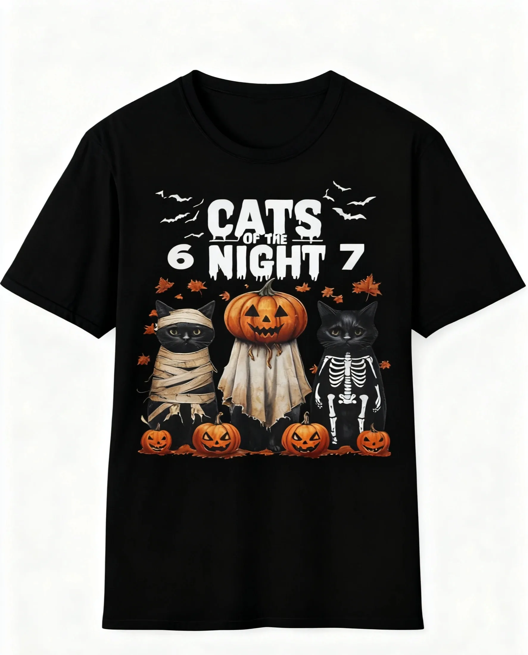 

Halloween Six Nights Sleep Human Design Cotton T-shirt Mummy Pumpkin Skeleton Dressed Up As Cat Design Round Neck Unisex Tee