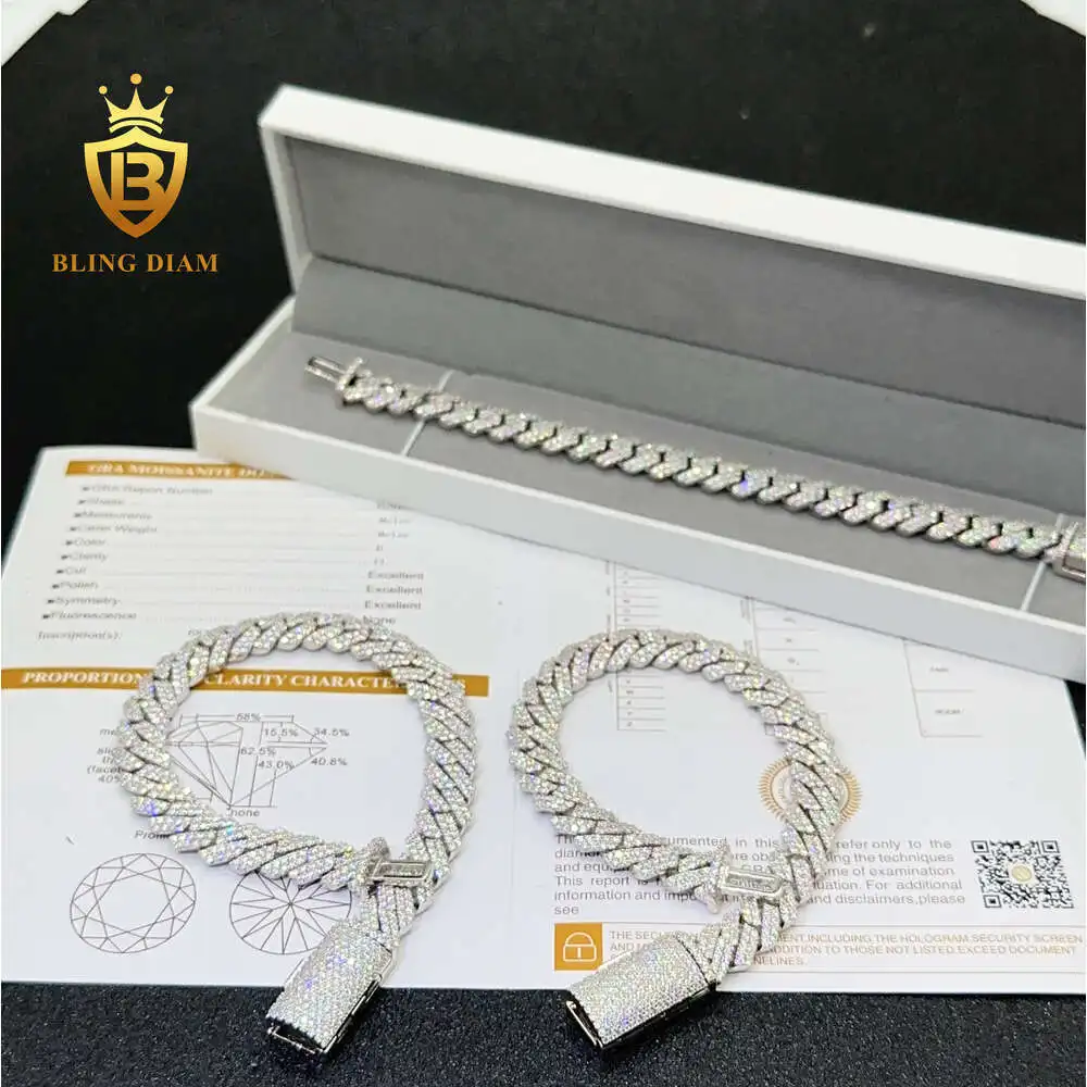 

2 Row 10mm Hip Hop Bracelet Moissanite Sterling Silver 925 Cuban Link Chain Bracelet