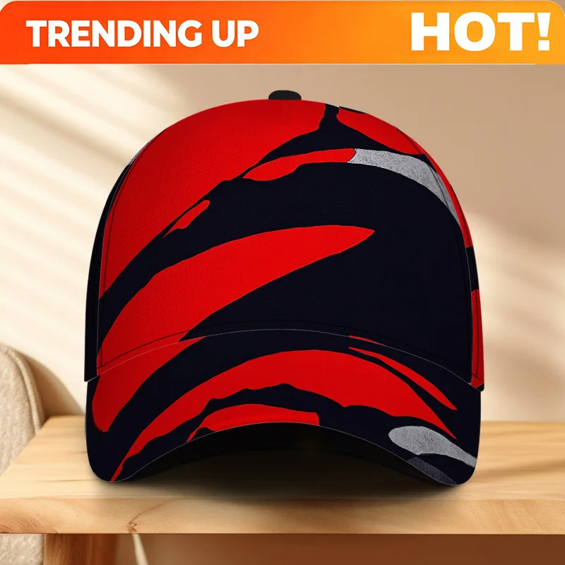 Customization 1pc Of A Classic Baseball Cap Featuring An Abstract Design With Red And Grey Lines - A Casual, Adjustable Duckbill