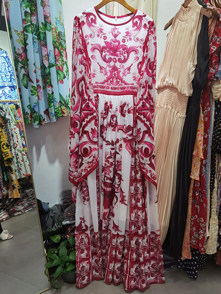 Fashionable Full Long Dress for Women, Chiffon Silk, Red Porcelain Printing, Suqare Sleeve, Party Vacation, Spring and Summer