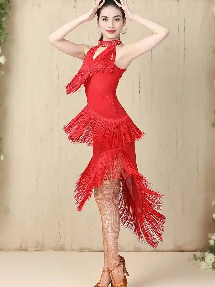 Women's Ballroom Latin Tango Salsa Dance Dress High Low Swallowtail Fringe Skirt Dance Costume view 6