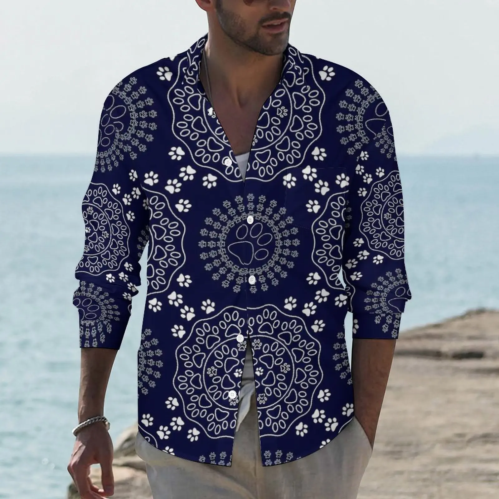 Paw Print Mandala Shirt Autumn Abstract Art Casual Shirts Male Fashion Blouses Long Sleeve Design Street Top 3XL 4XL