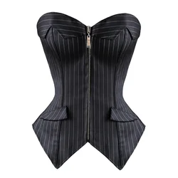 Caudatus Overbust Corsets for Women Striped Office Party Plus Size Corsets and Bustiers Zipper Lingerie Tops Korsett Black