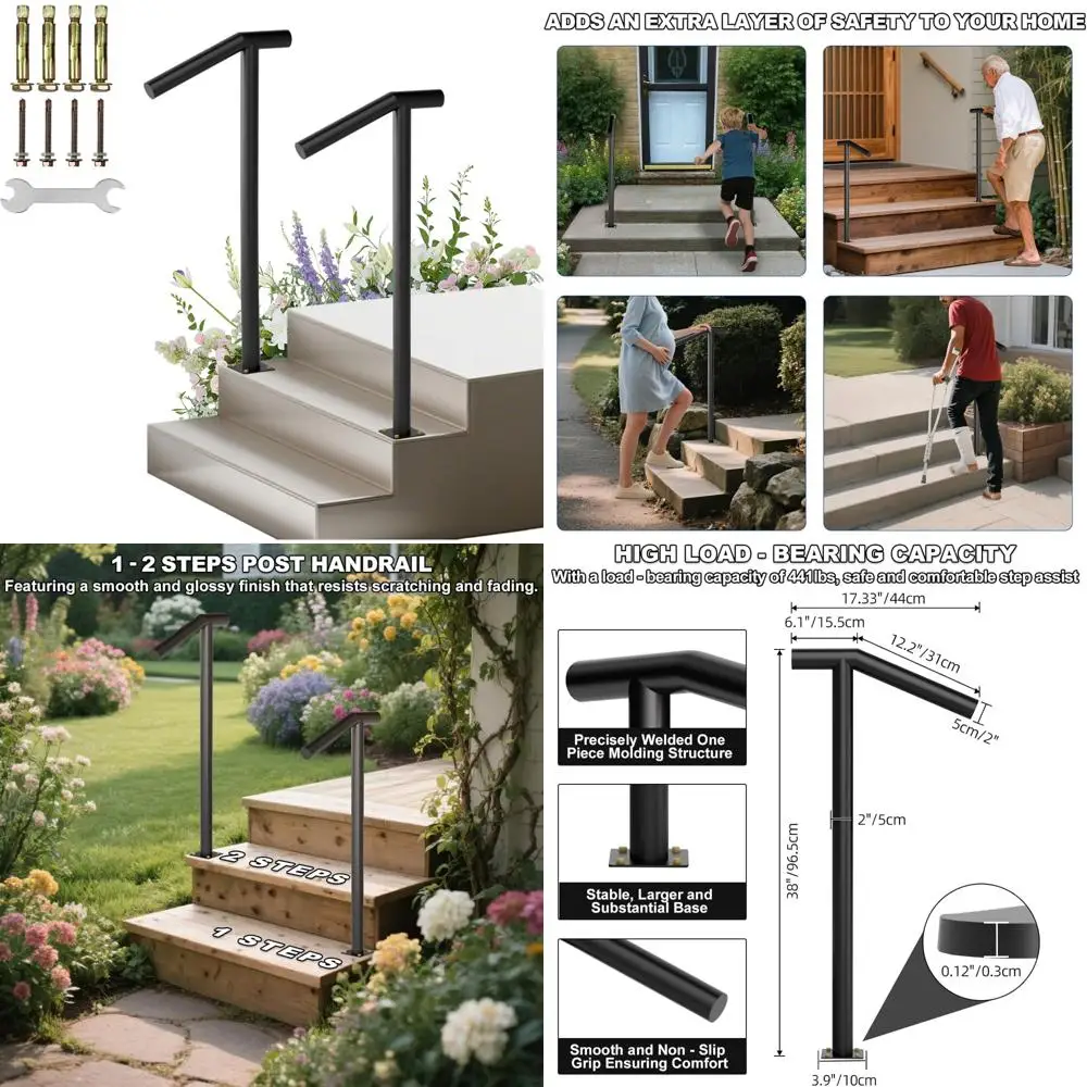 درابزين معدني شديد التحمل في الهواء الطلق صديق للكبار لدرجًا بطول 1-2 خطوات - مطلي بالمسحوق، ارتفاع 38، تصميم عمود واحد مع Lo #1