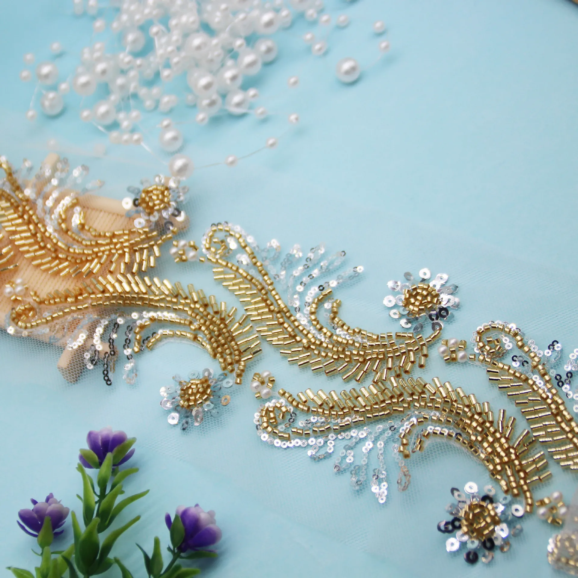 

Gold Wave-shaped Glass Bead Nail Bead Lace DIY Beaded Lace Ribbon Performance Costume Formal Dress Clothing Accessories