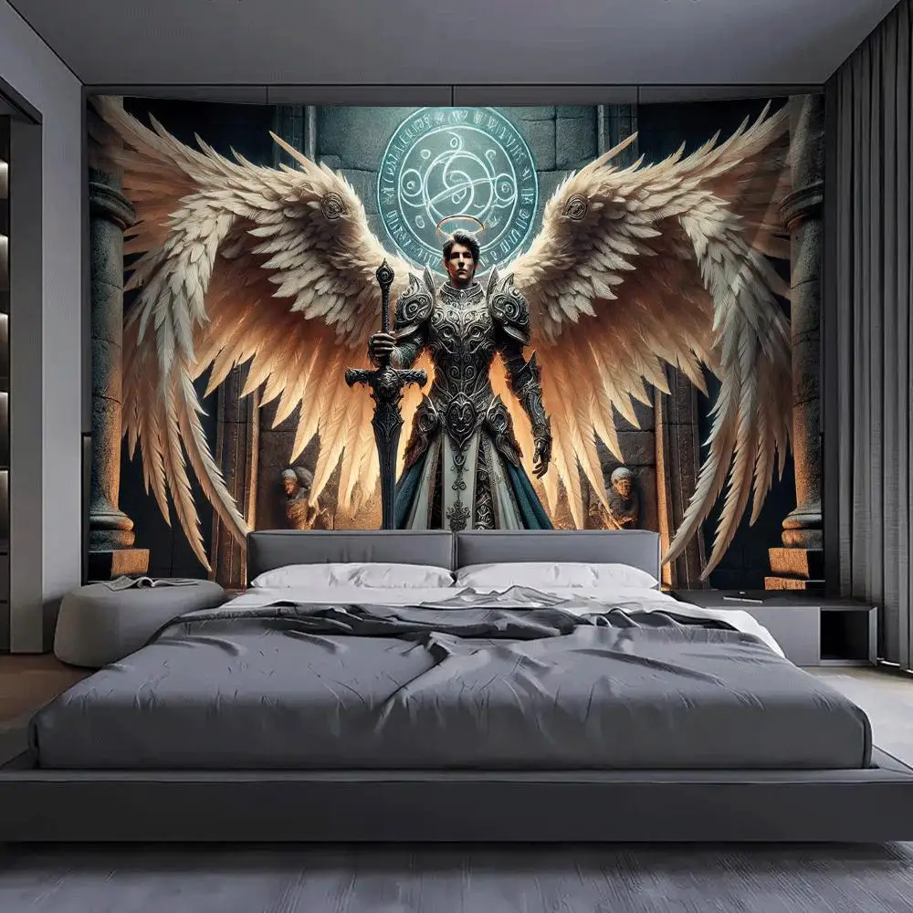 Epic Fantasy Warrior Tapestry Wall Hanging Mystic Art Decor for Bedroom Living Room Knight Wings Sigil Design