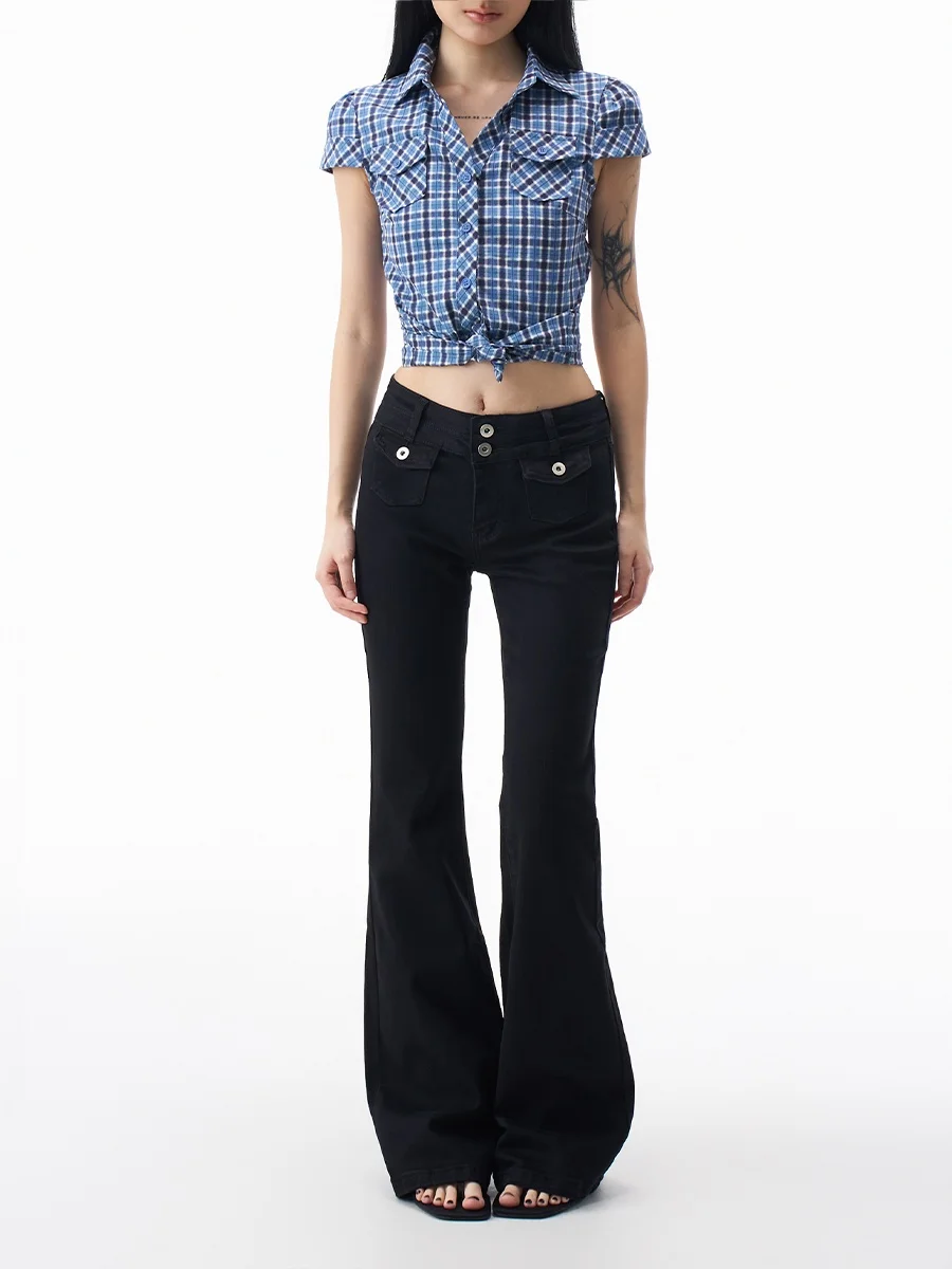 

Расклешенные джинсы с низкой талией, женские осенние новые джинсы с двойной пуговицей, маленький размер, эластичные длинные брюки, черные хлопковые эластичные джинсовые узкие брюки