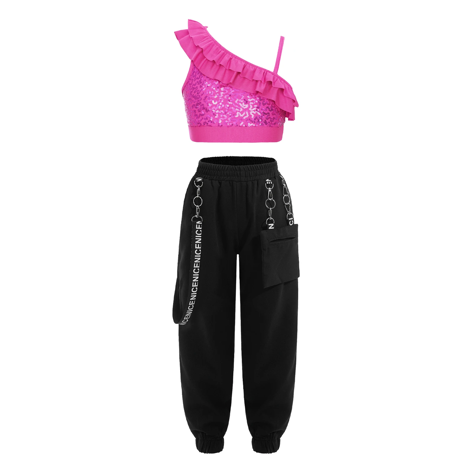 

Kids Girls Dance Performance Costume Asymmetrical Shoulder Straps Shiny Sequin Ruffle Decorated Crop Top with Chain Pocket Pants