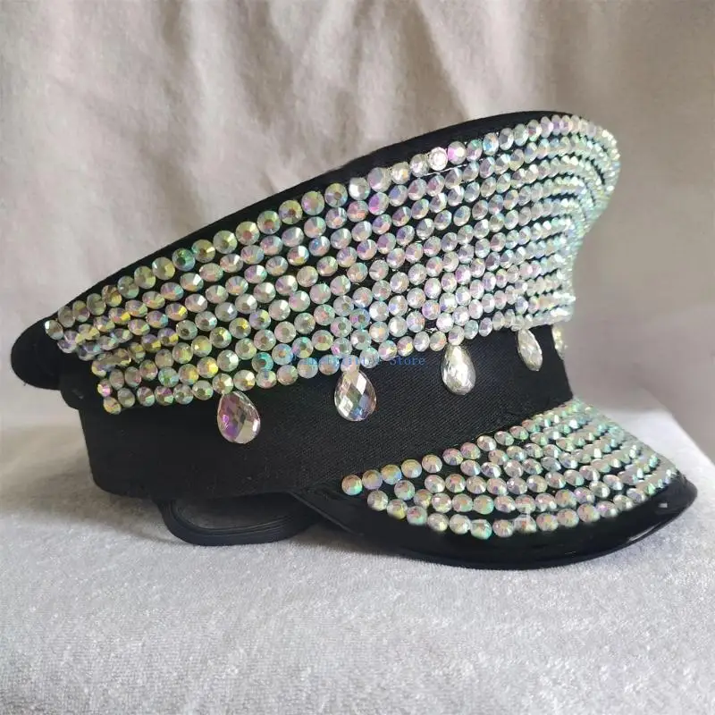 

652B Sparkling Captain Hat Crystals Rhinestones Hat for Bachelorette Party Disco Captain Hat Disco Hat for Actress