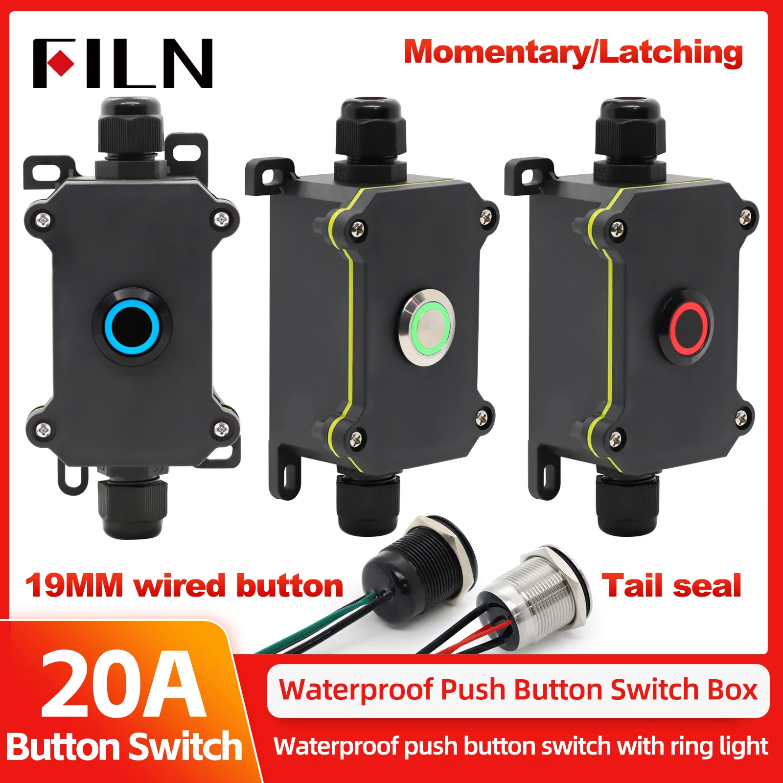 

20A Metal Push Button Switch Junction Box Stainless Steel High Current Outdoor Inline Power Cord Marine Waterproof IP66