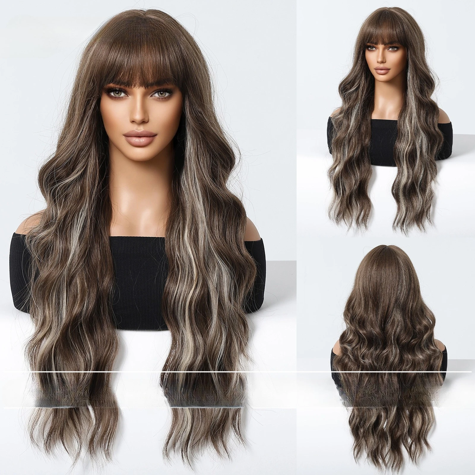 

European and American style burgundy, big waves with bangs and waist length, curly hair temperament, fashionable wig, full hair