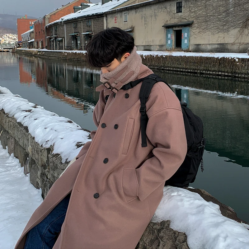 

Men's Winter Double-breasted Woolen Coat Medium-length Lamb Fur Jaet Korean Sle Trendy Windbreaker Suit Lapel Casual Coat