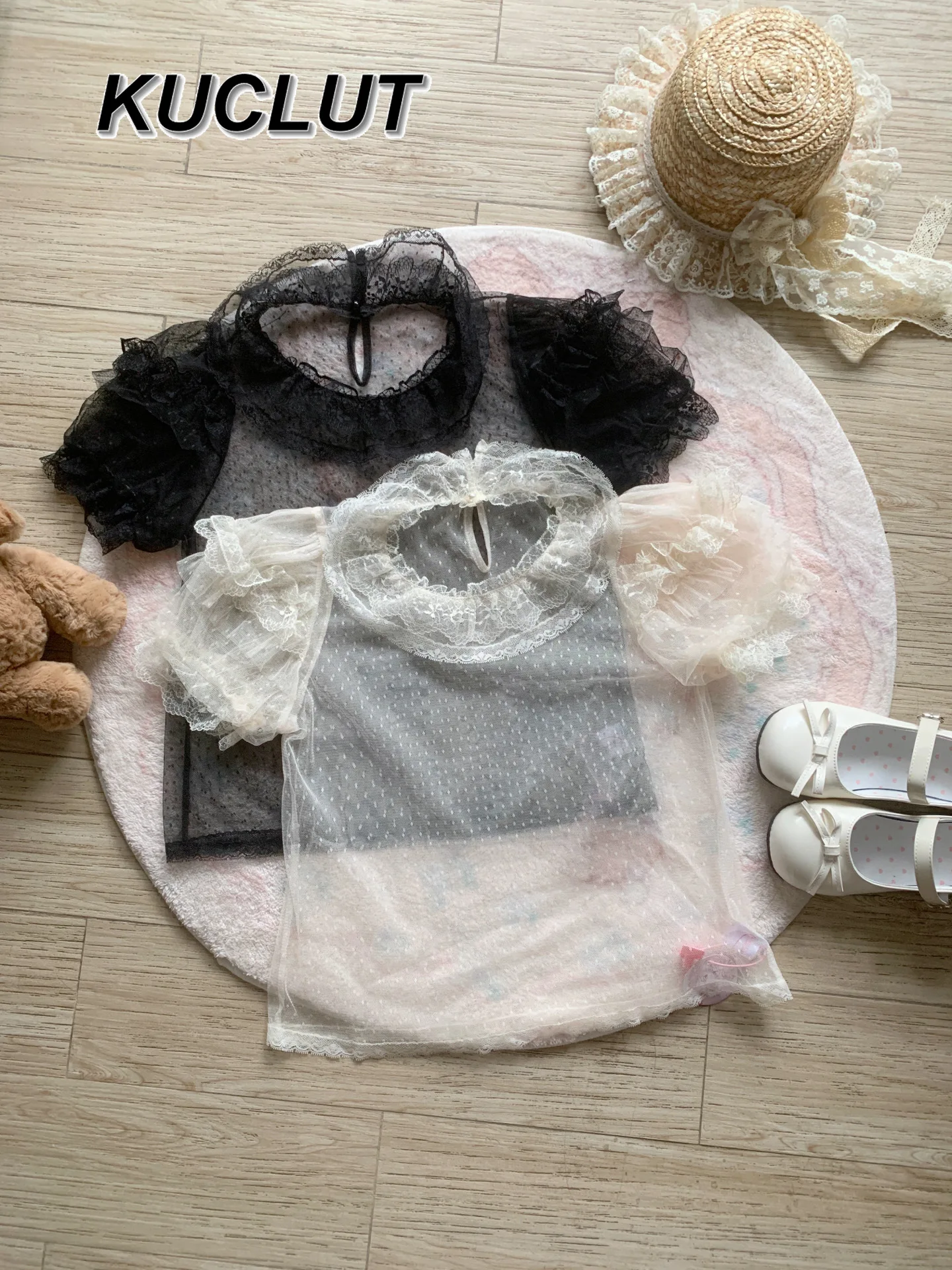 

Lolita Style Inner Shirts Bubble Sleeve Lace Mesh Bottoming Shirt Women's Elegant Blouses Summer Short Sleeves Tops Femme