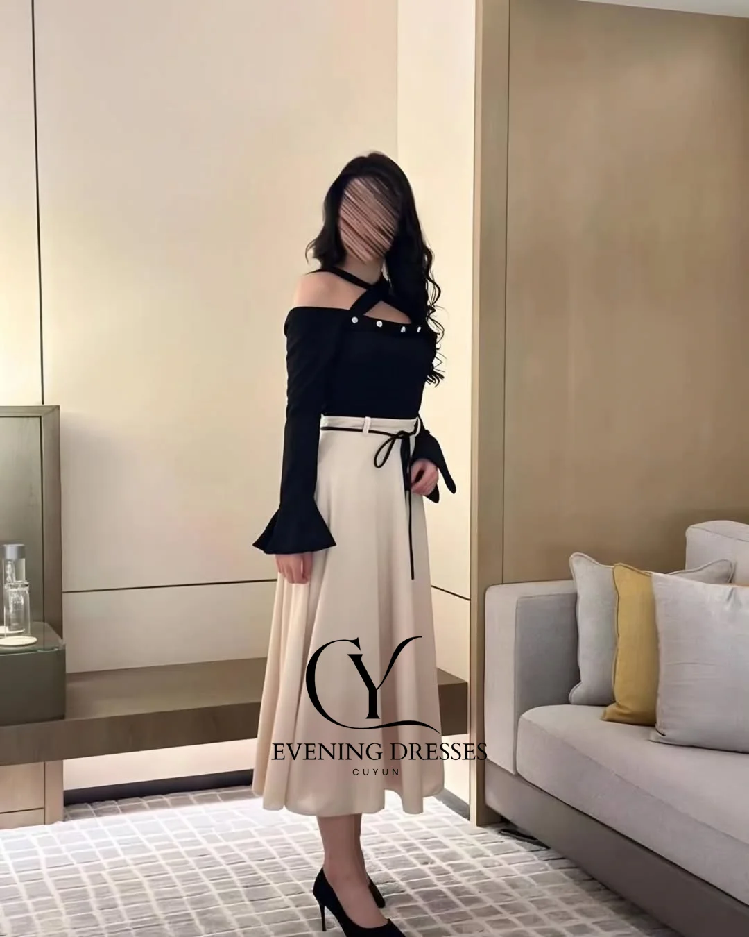 CUYUN طويلة الأكمام الرسن الرقبة فساتين حفلة موسيقية السعودية مطوي الكاحل طول فساتين المناسبات الخاصة مزاجه ثوب مسائي غير رسمي #3