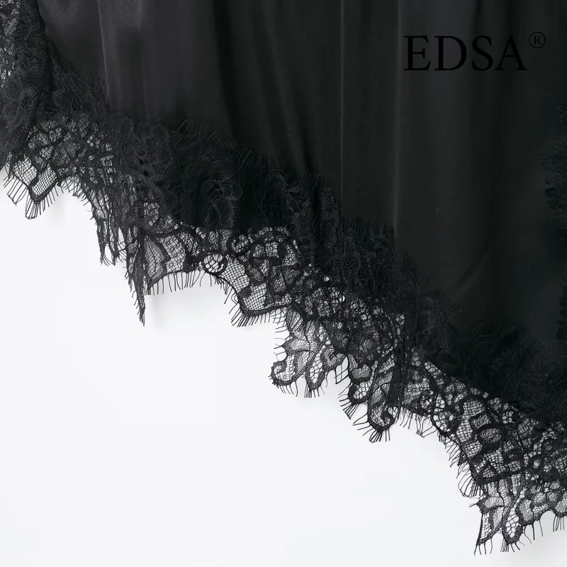 EDSA المرأة الساتان الدانتيل المرقعة تي شيرت نمط فستان قصير قصير الأكمام س الرقبة الصيف بلون Y2K الشارع الشهير #6