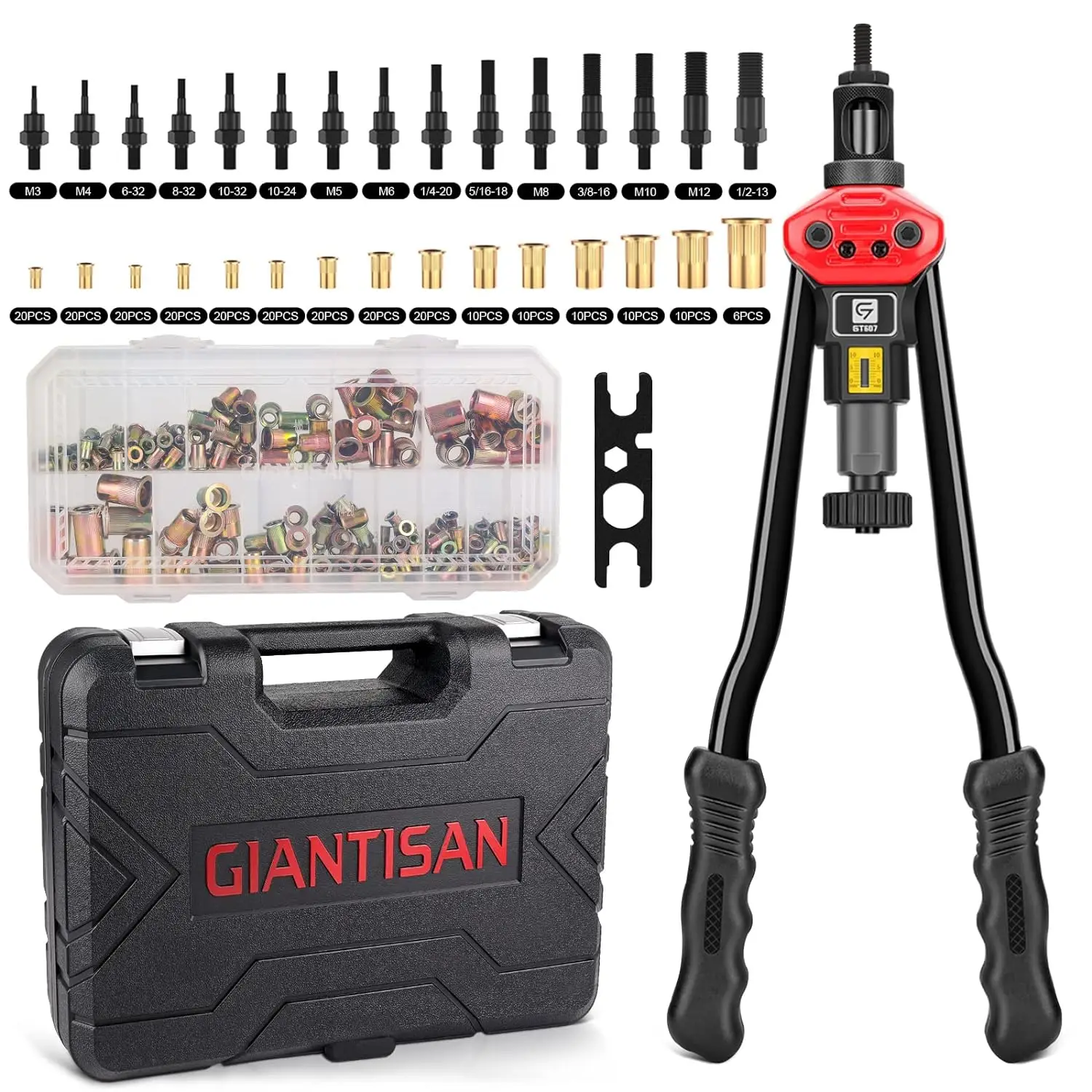 

Rivet Nut Tool, GIANTISAN 16-Inch Rivet Nut Tool Rivet Nut Kit with 15 SAE&Metric Mandrels,236pcs Rivnut Assortment Kit and Case