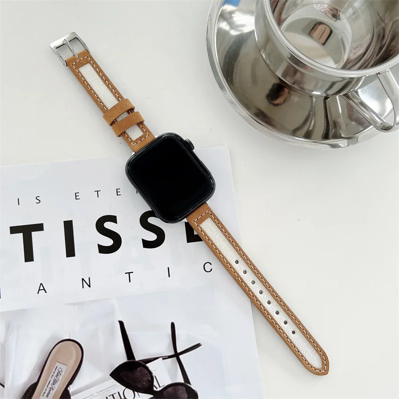 Ремешок кожаный и холщовый для Apple Watch 42 мм 44 мм 41 мм 45 мм, стильный тонкий дамский браслет для Iwatch Series7 6 5 4 3 2 1