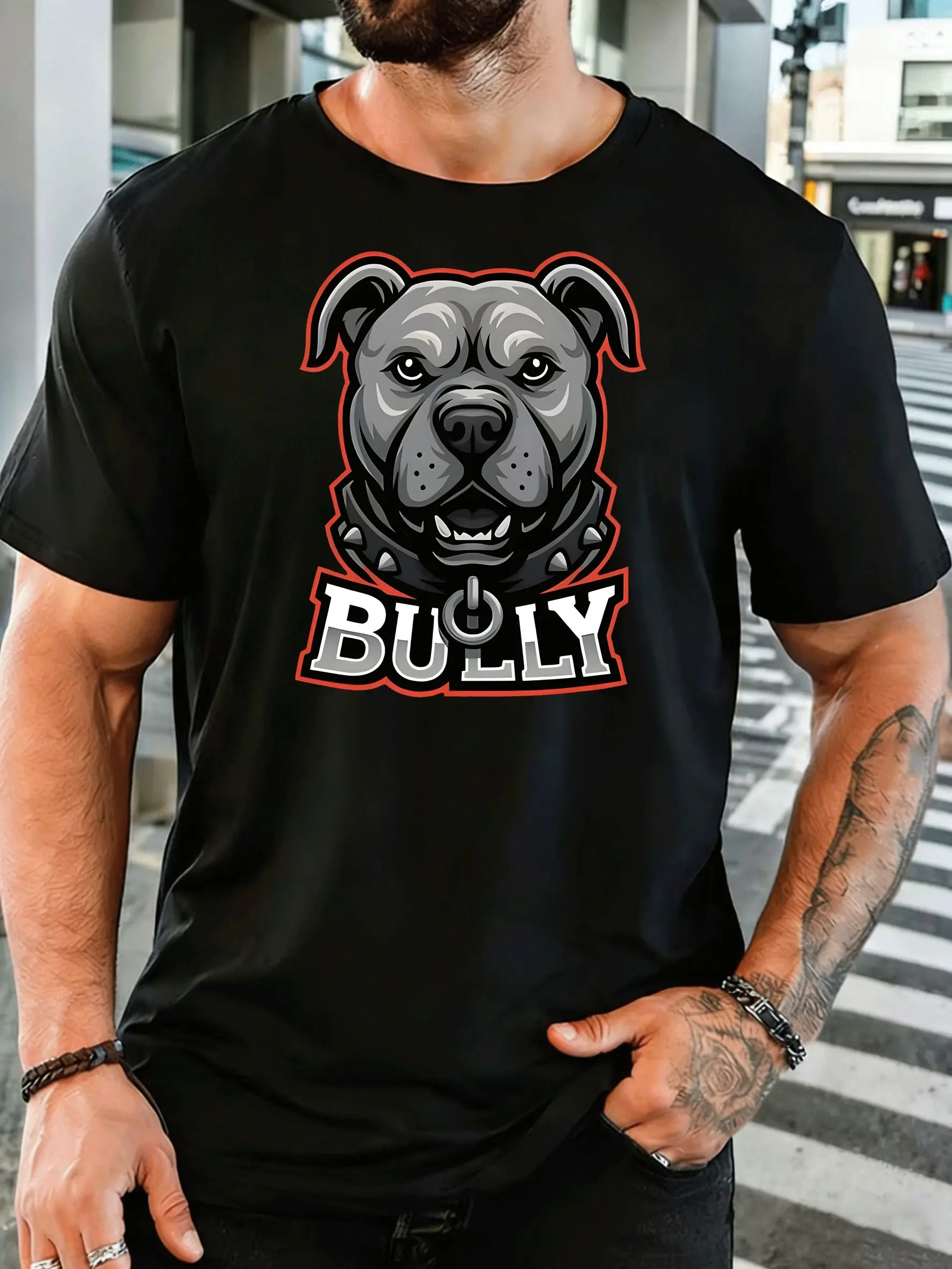 Pitbull Head With Bully Letter Mens Front Print T Shirt Cool Dog Graphic Tee Casual Short Sleeve Top Dog Breed Lover Gift