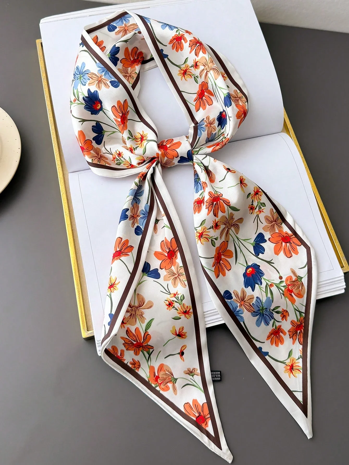 

Floral Print Silk Scarf For Women, Fashionable Long Scarf With Brown Border