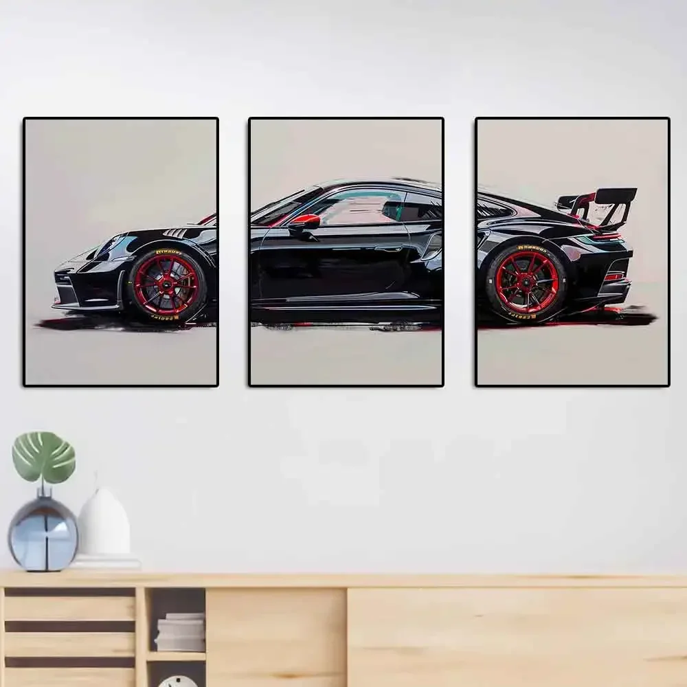 سيارة رياضية فائقة شعبية عصرية GT3 RS جرافيتي جدار الفن، ملصق مطبوع قماش عالي الدقة، المنزل، غرفة المعيشة، ديكور الغرفة