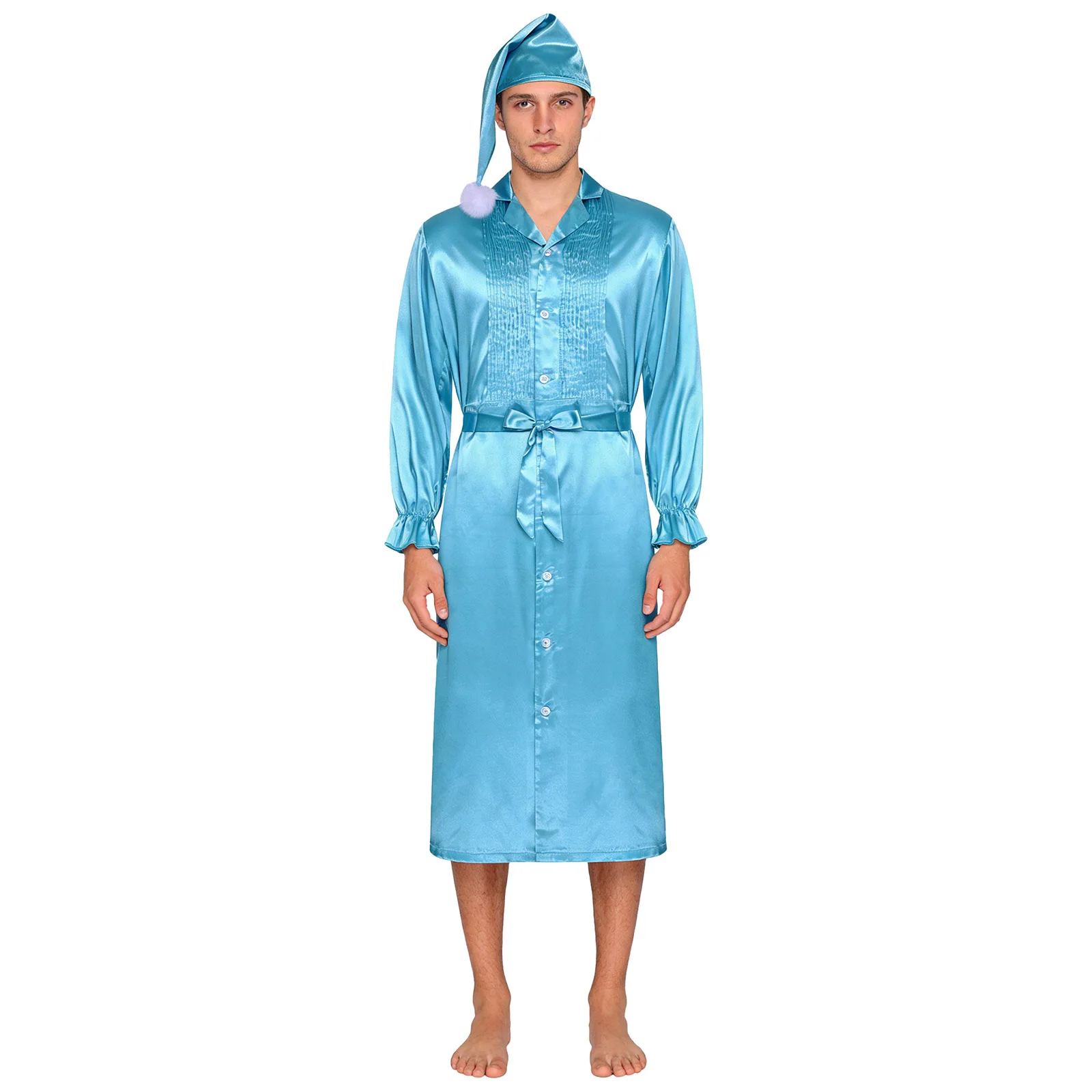 

Men Satiny Shiny Nightgown with Sleeping Hat Long Sleeve Luxury Robe with Belt Pajamas Party Casual Daily Loungewear Nightwear