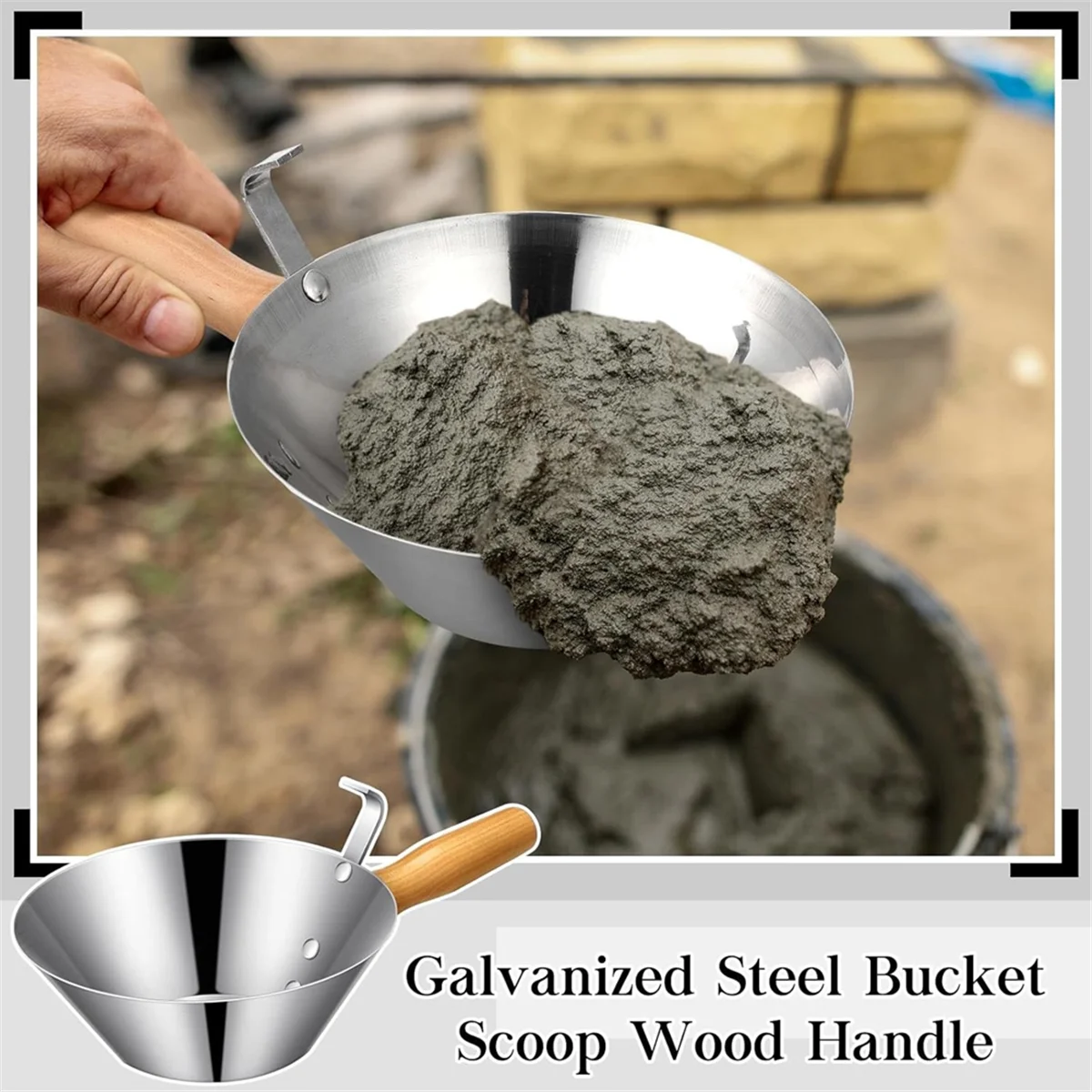 ABNJ Galvanized Steel Bucket Scoop Wood Handle Strong Heavy Duty Rust Bucket Scoop for Construction Landscaping Stucco Tools view 6