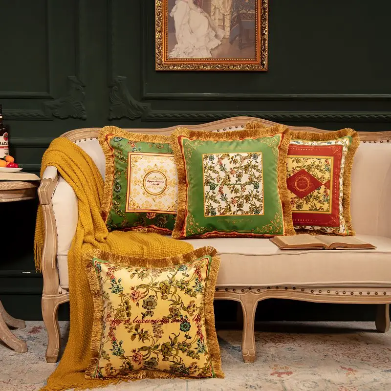 American Style Vintage Cushion Cover Double Sided Flowers Print Velvet Tassel Pillowcase For Sofa Living Room