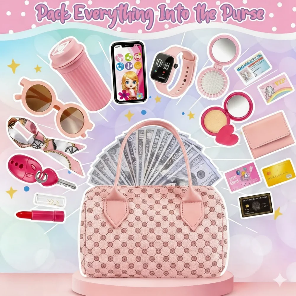 Set 32 Pezzi Borsa Giocattolo per Bambine, Borsetta con Trucchi e Cellulare, Gioco di Ruolo da Principessa, Regalo di Natale/Compleanno per Bambini 3-6 Anni