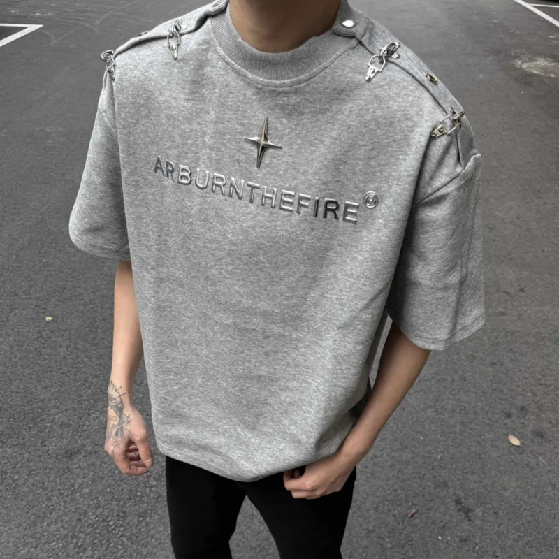HKSH Summer New Men Tide Dark American High Street Shoulder-Padded Short-Sleeve T-shirt Fashion Y2K Casual Chic Ins Tees HK24148