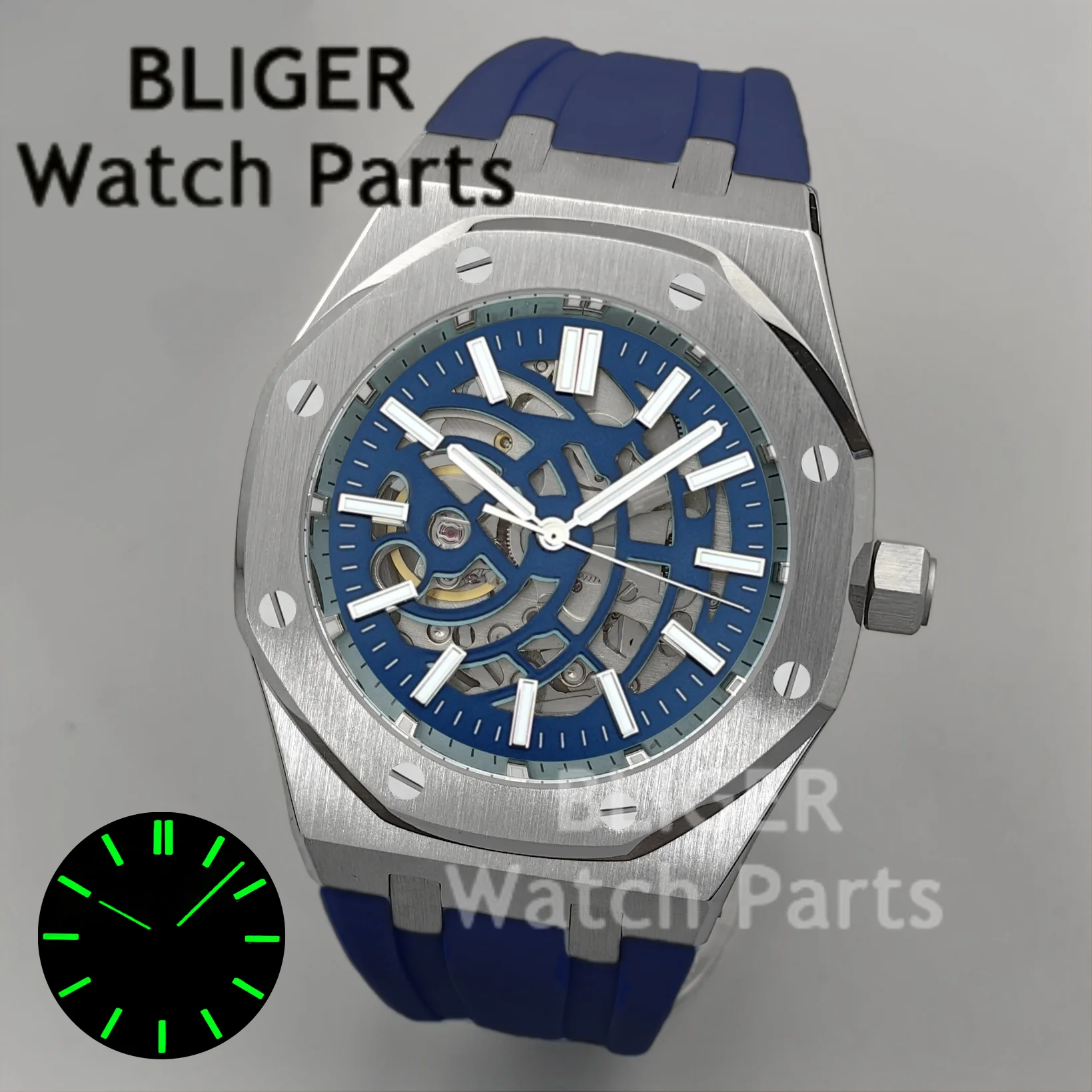 BLIGER 41 مللي متر NH70 ساعة ميكانيكية أوتوماتيكية مجوفة الهاتفي الياقوت الزجاج C3 مضيئة المطاط حزام الصلب الغوص ساعة للرجال