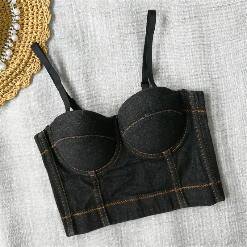 Women Denim Corset Bras Sexy Sleeveless Crop Tops Summer Slim Padded Bra Short Camisole Slight Elastic Tube Tops Lady Underwear