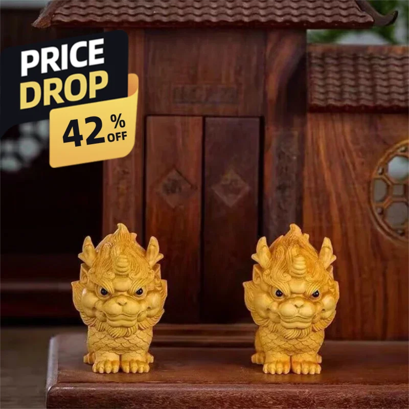 Wooden -Auspicious Kirin Small statue Solid wood carving China's fortune-making, evil-repelling God Beast Home Room art statue