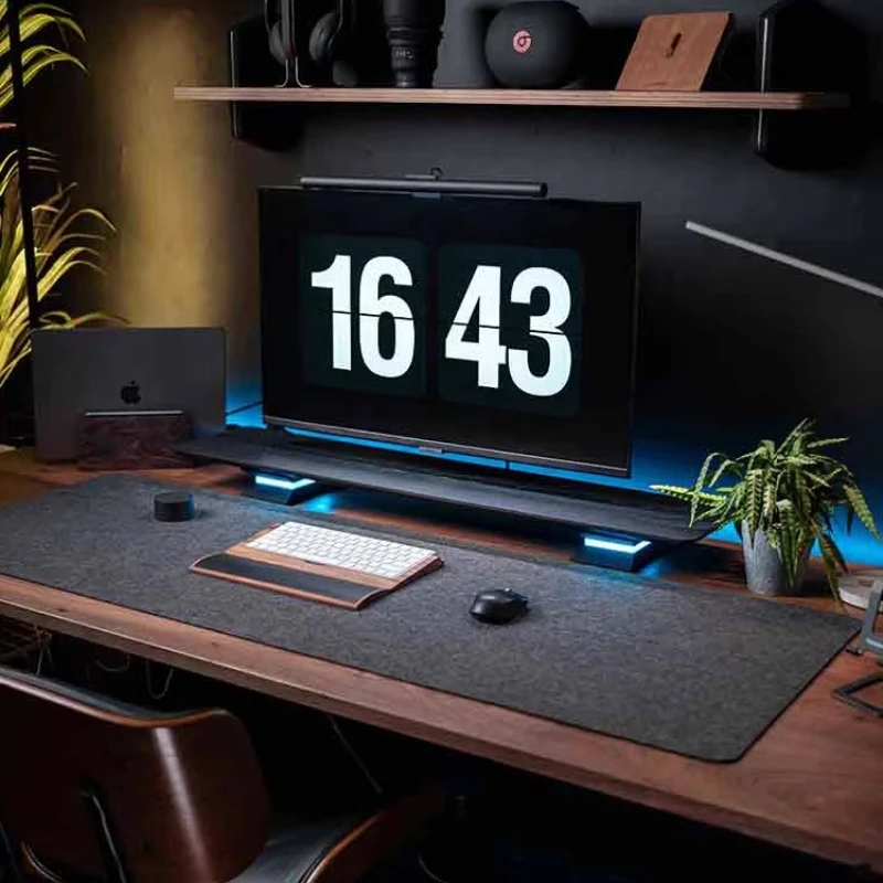 R20 Black Monitor Stand Solid Wood LED Base with Full Color Adjustment Modern Office Space Organizer Ergonomic Computer Desk