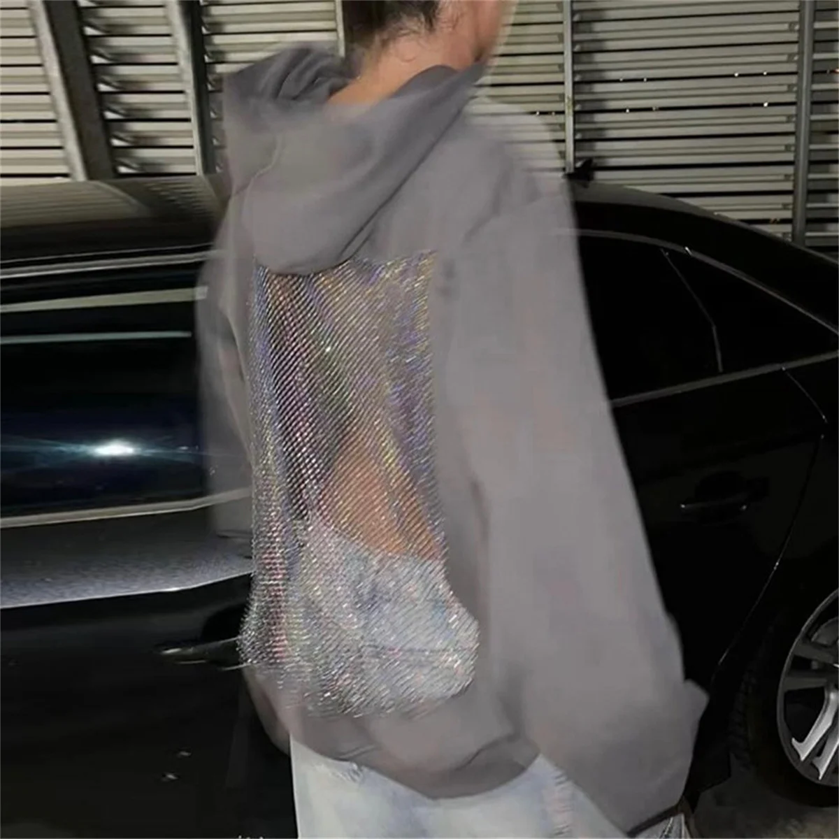 Sudadera translúcida a la moda para mujer, sudadera gótica americana, Sudadera con capucha de malla hueca Sexy, ropa Y2K, chaqueta informal de manga larga