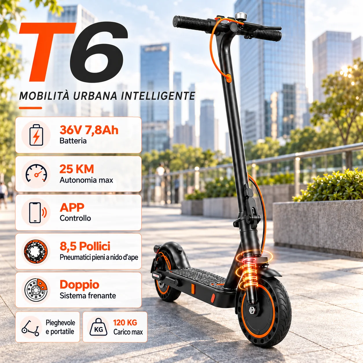 TODIMART T6 Monopattino Elettrico Pieghevole per Adulti 24,9KM/H Sospensione Anteriore a Molla Smart APP Batteria 36V 7,8Ah Autonomia 25KM Pneumatici Honeycomb da 8,5 Pollici Doppio Freno Monopattino