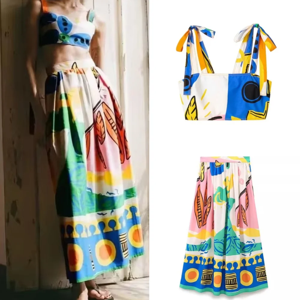 

Printed Long Skirts for Women Fashion 2024 Pleated Midi Skirt Woman High Waist Skirt Streetwear Summer Beach Skirt