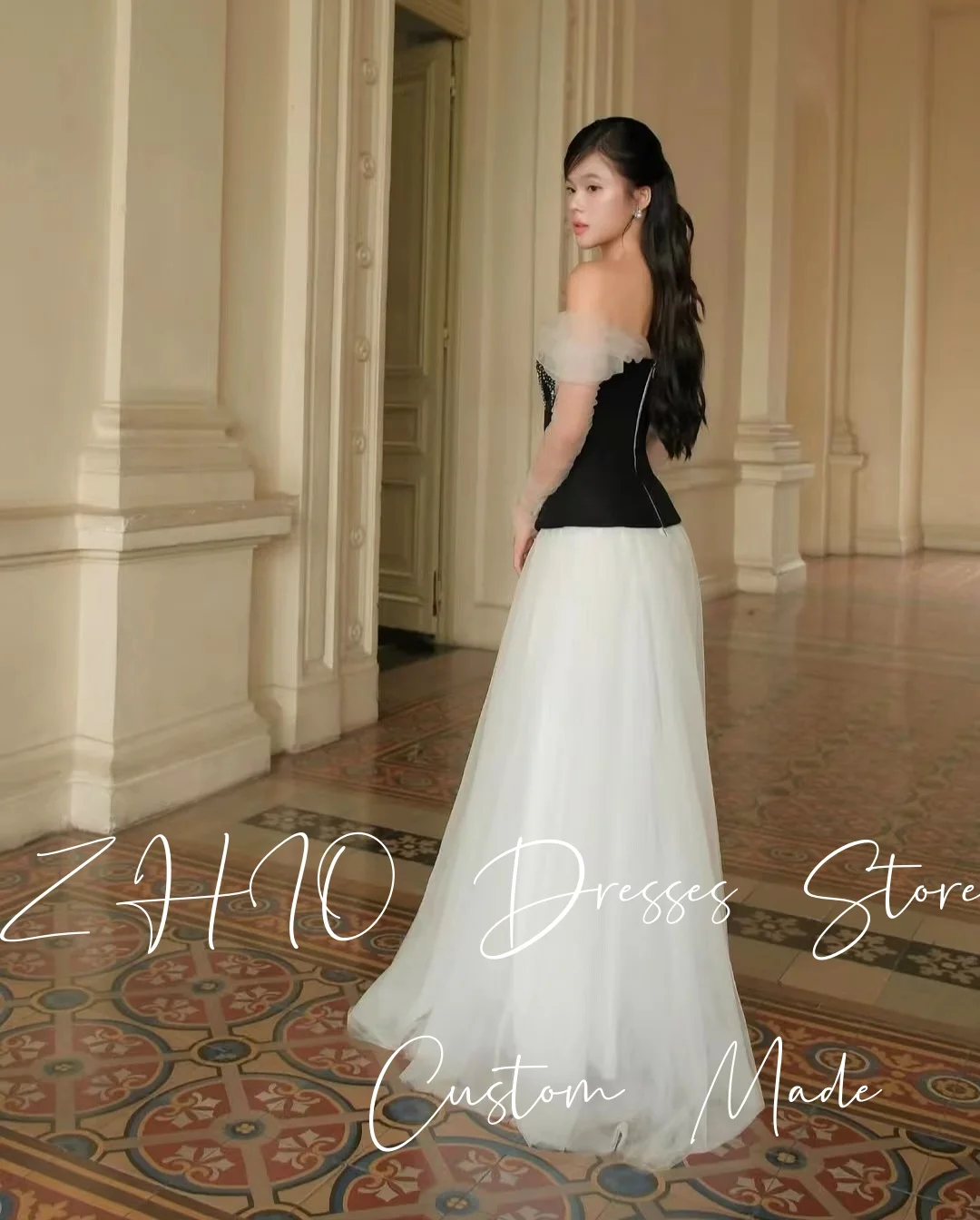 ZHIO Exquisite Beads Evening Gown Off Shoulder A-Line Floor Length Contrast Black White Tulle Wedding Party Dress Customized